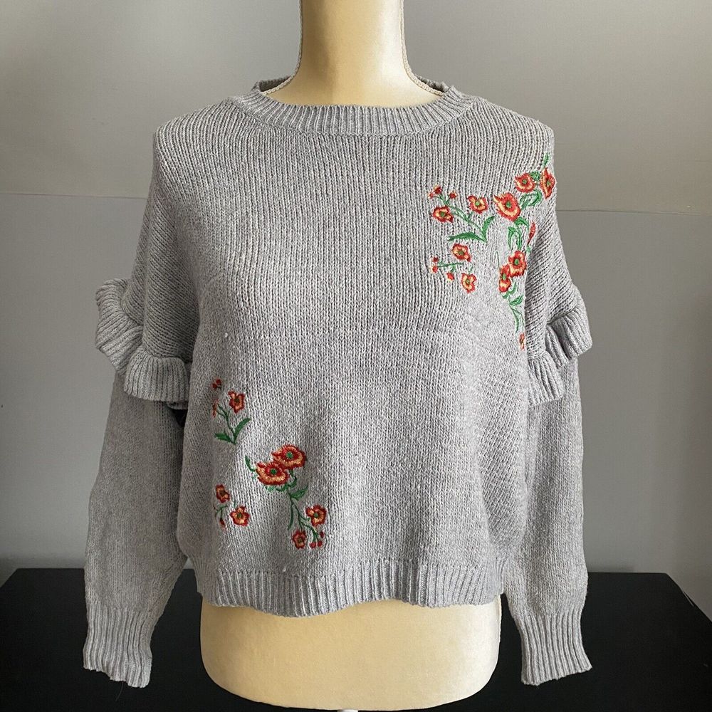 Woven Heart Sweater Small Cottagecore Floral Embroidered Ruffle Sleeve Knit - Picture 9 of 9